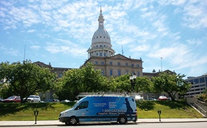 Doctor Flue visits the State Capital Building in Lansing, MI